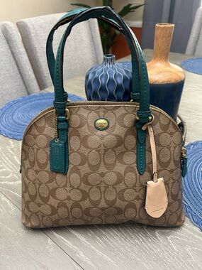 Coach Brown Signature Dome Satchel with Teal Trim